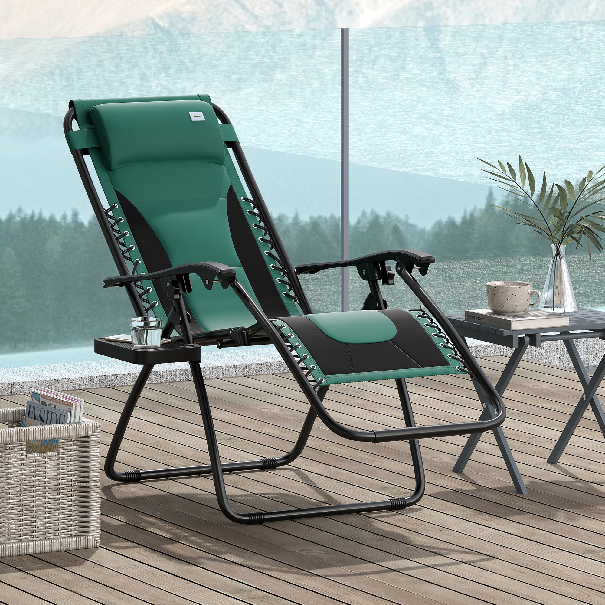 Zero Gravity Festival Lounger Chair, Folding Reclining Patio Chair With Padded Seat, Cup Holder, Soft Cushion And Headrest For Relaxation, Poolside, Camping, Green