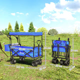 Folding Trolley Cart Storage Wagon Beach Trailer 4 Wheels With Handle Overhead Canopy Cart Push Pull For Camping, Blue