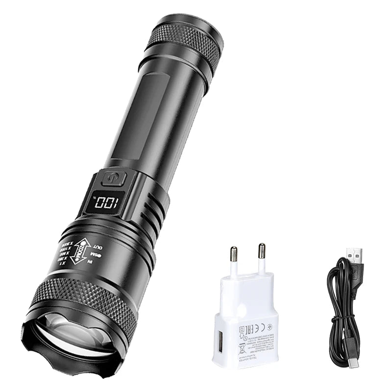 Ultra Bright LED Flashlight 2000LM Type-C Rechargeable Long Range Zoom Tactical Torch Outdoor Emergency Camping Fishing Lantern