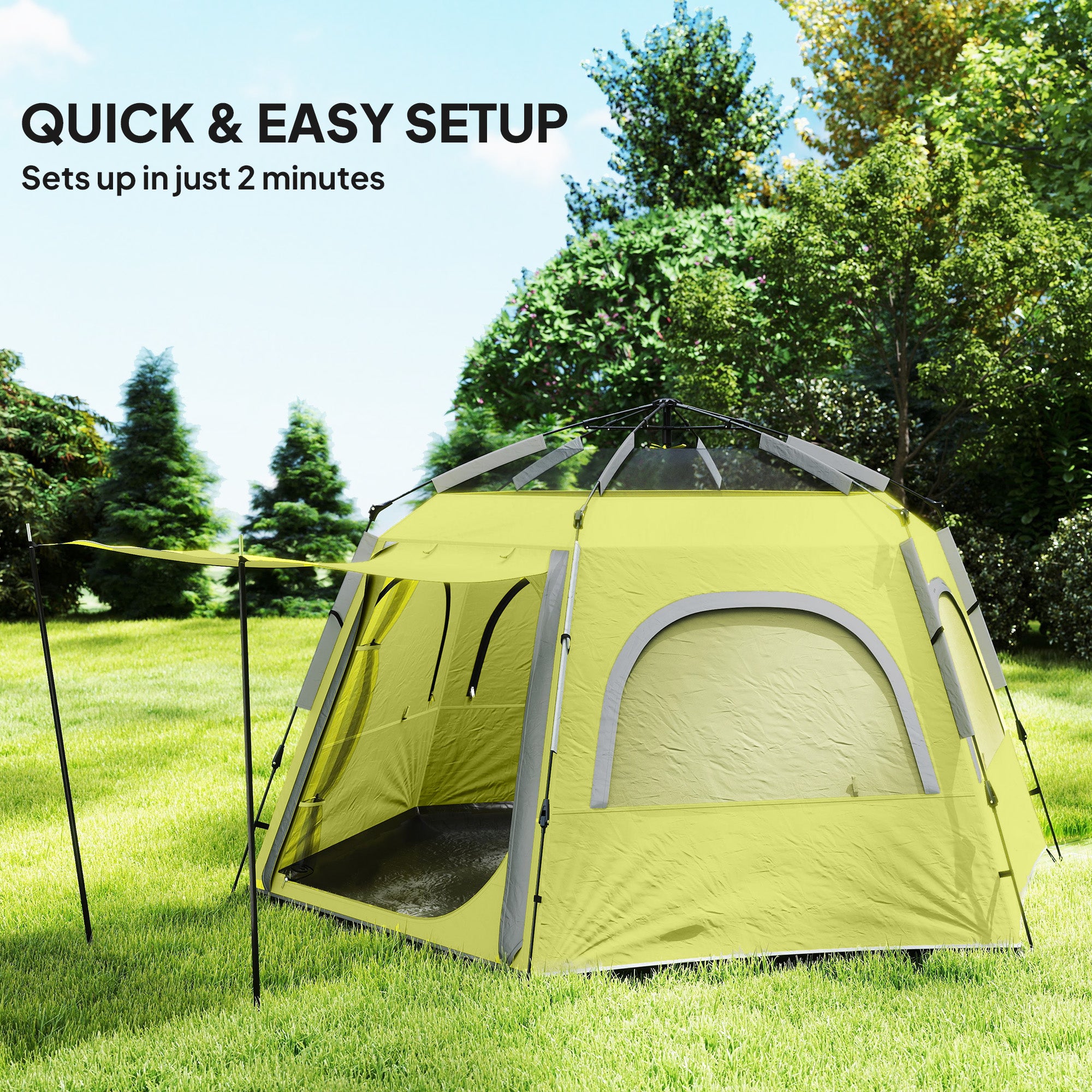 Instant Pop Up Camping Tent, 2/3/4 Person Easy Setup Dome Family Tent With Vestibule, Rainfly, 4 Mesh Windows & 2 Doors, Hexagonal Design, Waterproof & UV Protected, Yellow Green
