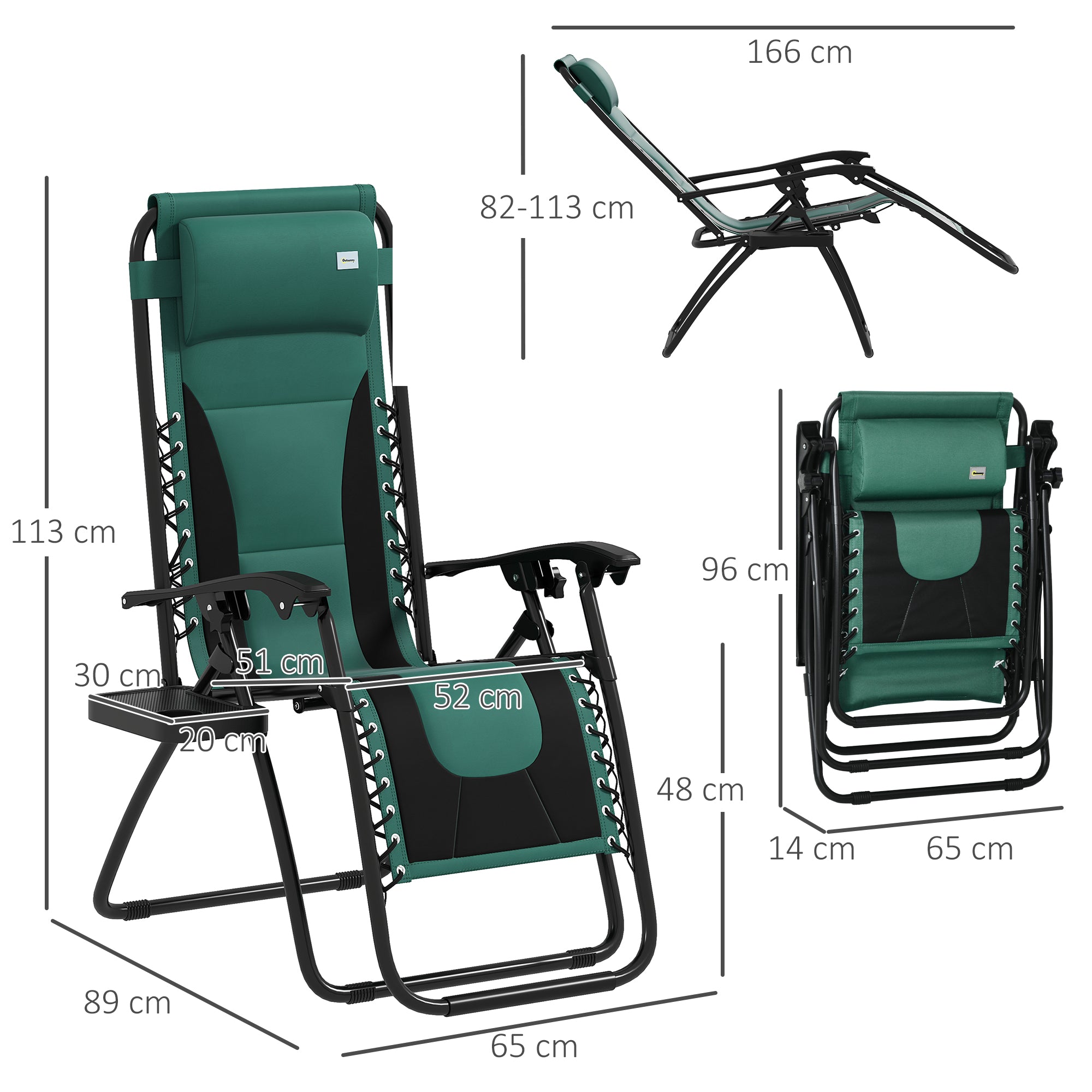 Zero Gravity Festival Lounger Chair, Folding Reclining Patio Chair With Padded Seat, Cup Holder, Soft Cushion And Headrest For Relaxation, Poolside, Camping, Green