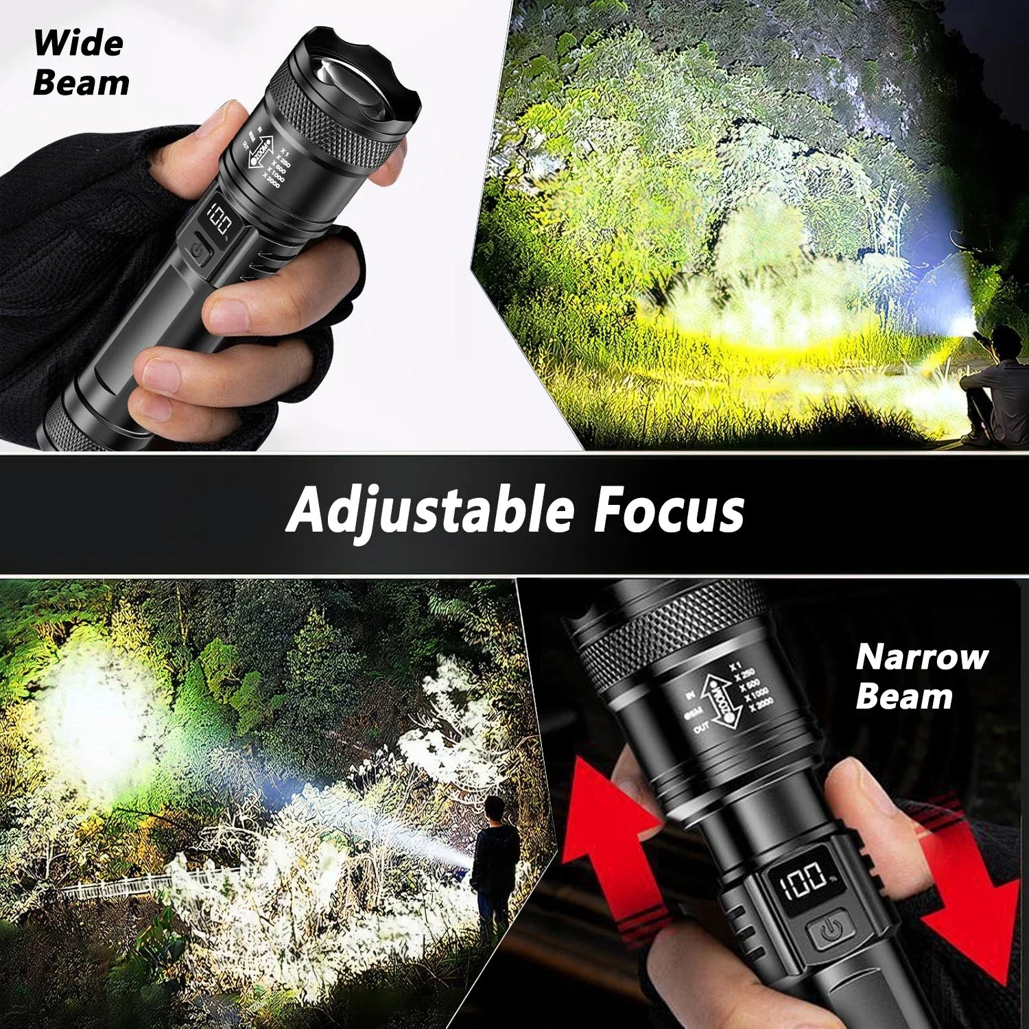Ultra Bright LED Flashlight 2000LM Type-C Rechargeable Long Range Zoom Tactical Torch Outdoor Emergency Camping Fishing Lantern