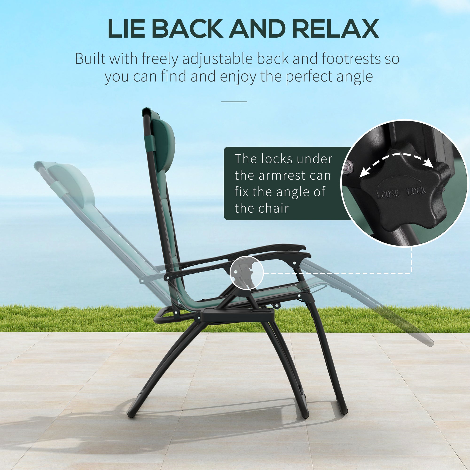 Zero Gravity Festival Lounger Chair, Folding Reclining Patio Chair With Padded Seat, Cup Holder, Soft Cushion And Headrest For Relaxation, Poolside, Camping, Green