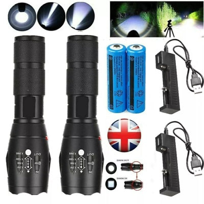 2PCS USB Rechargeable LED Flashlight Super Bright Torch Tactical Camping Lamp