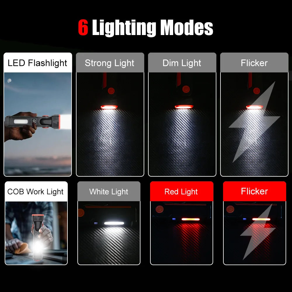 Super Bright Portable LED Flashlight Multifunctional Rechargeable Work Light with Clip Magnetic Torch Light for Camping Outdoors