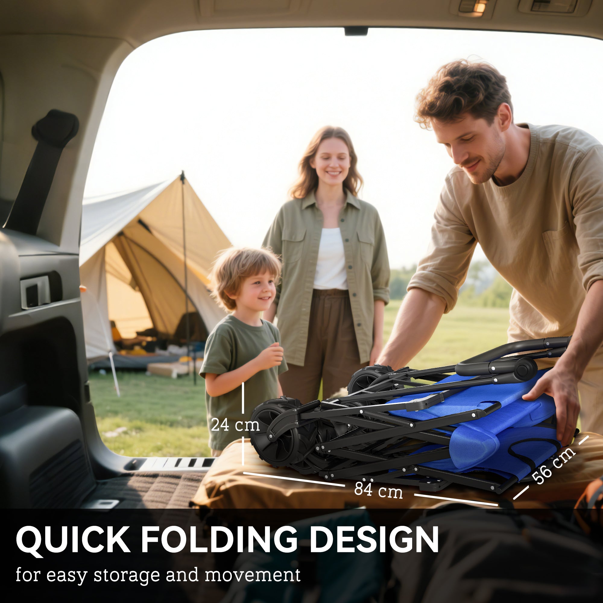 Folding Trolley Cart Storage Wagon Beach Trailer 4 Wheels With Handle Overhead Canopy Cart Push Pull For Camping, Blue