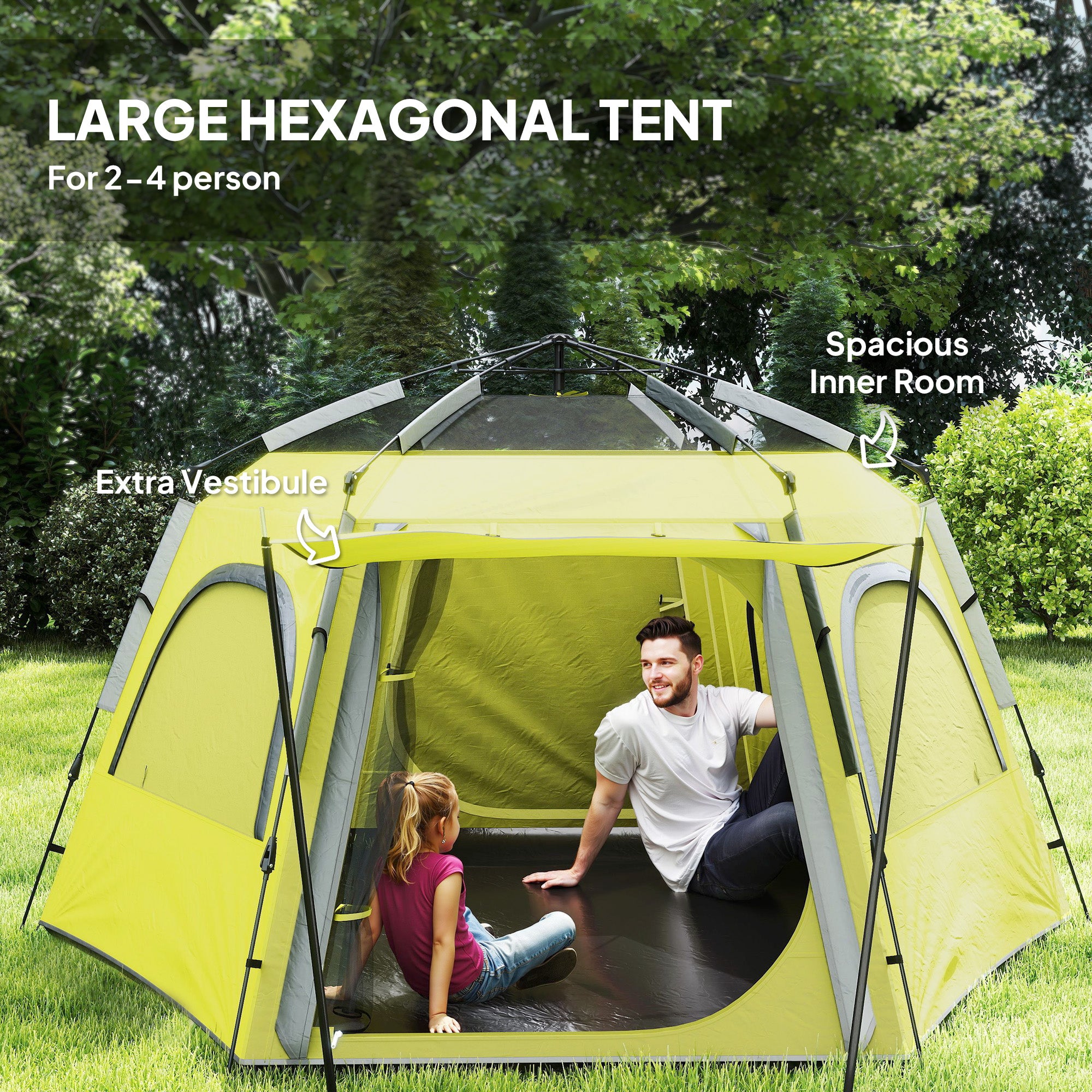 Instant Pop Up Camping Tent, 2/3/4 Person Easy Setup Dome Family Tent With Vestibule, Rainfly, 4 Mesh Windows & 2 Doors, Hexagonal Design, Waterproof & UV Protected, Yellow Green