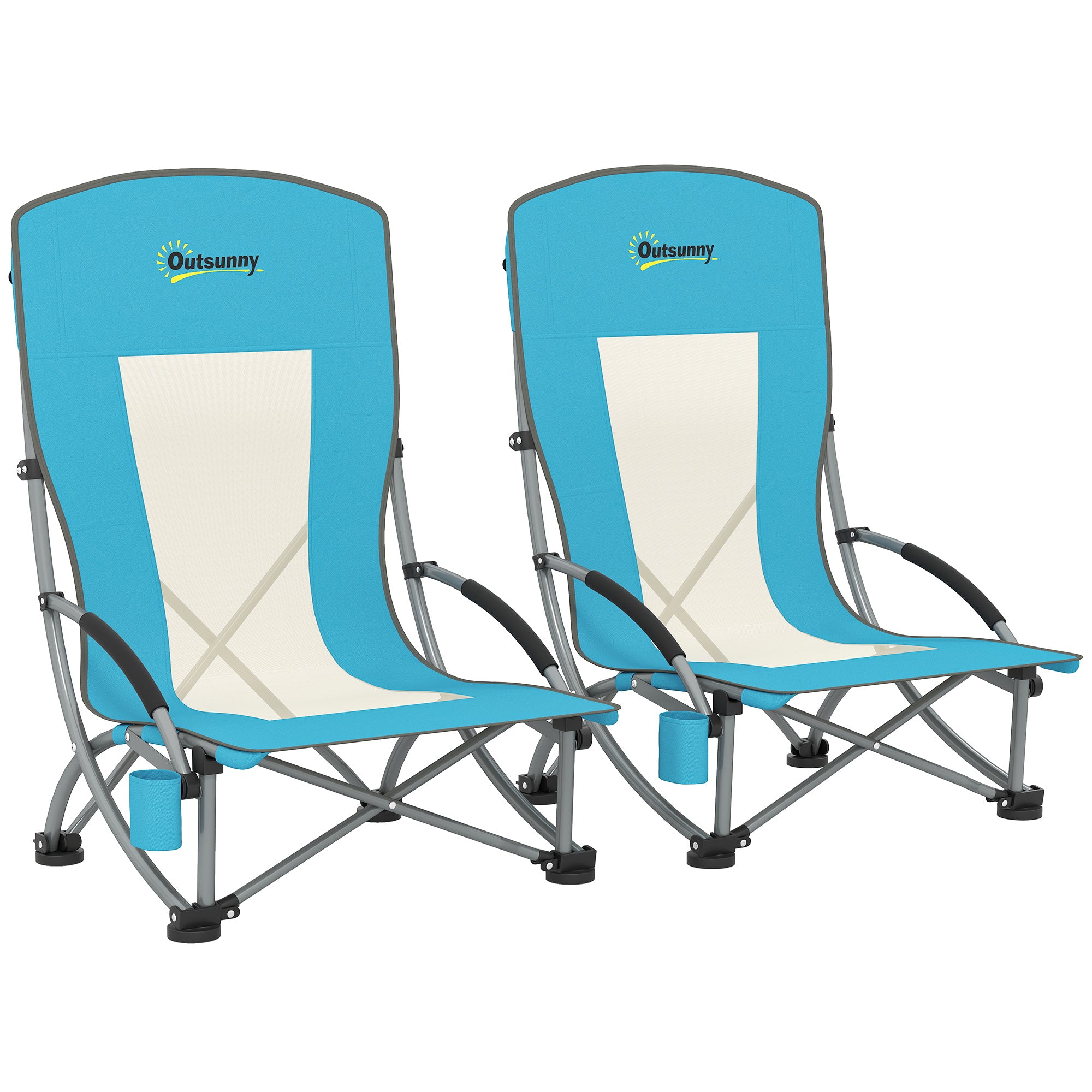 Set Of 2 Folding Beach Chair, Low Camping Festival Chair With Mesh Back, Carry Bag And Cup Holder For Garden Outdoor Picnic Festival Travel, Blue